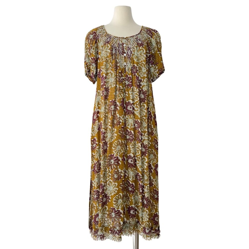 Free People Mustard Yellow Floral Midi Dress with Plum Accents